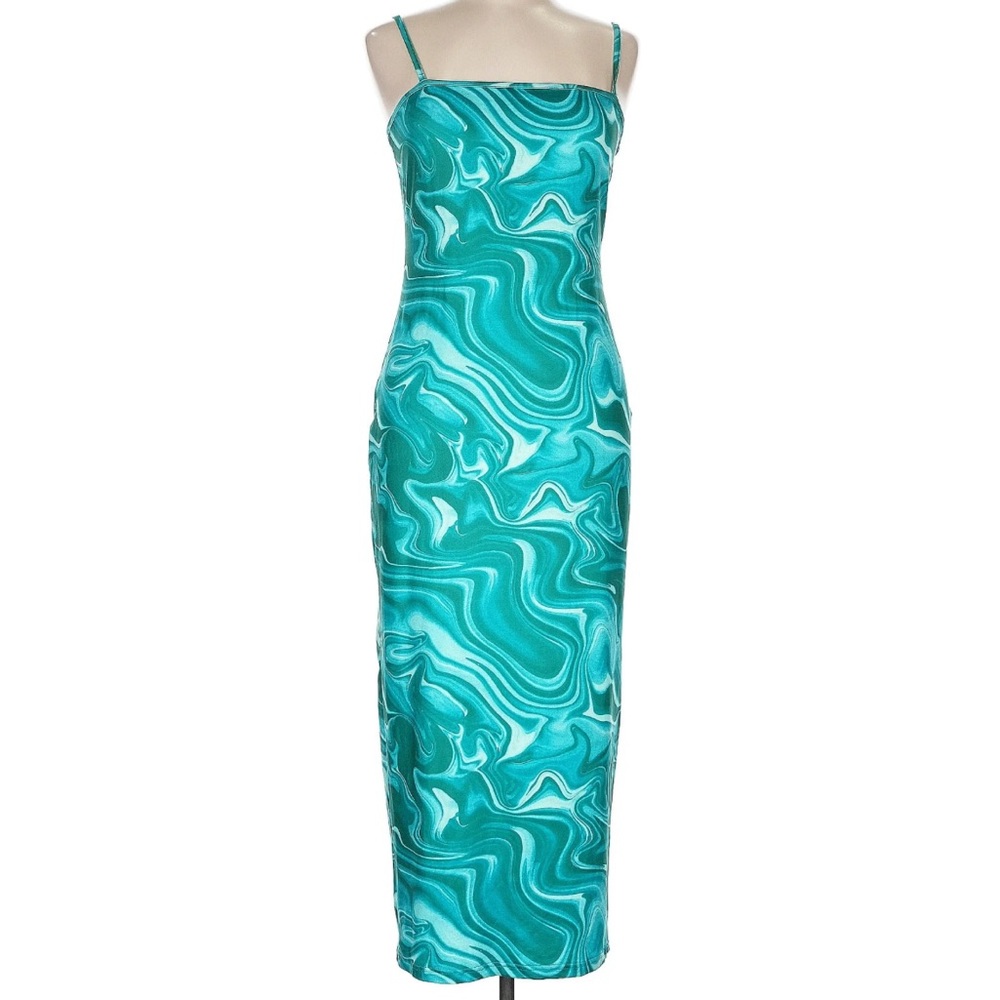 SHEIN Blue and White Sheath Midi Dress Spaghetti Strap